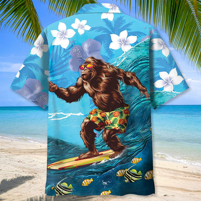 Funny Bigfoot Surfing Hibiscus Hawaiian Shirt