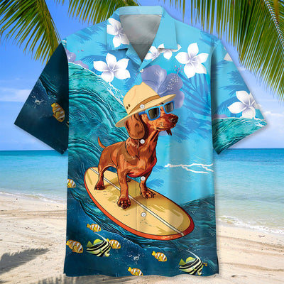 Funny Dachshund Surfing Hibiscus Hawaiian Shirt