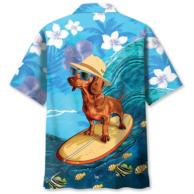 Funny Dachshund Surfing Hibiscus Hawaiian Shirt