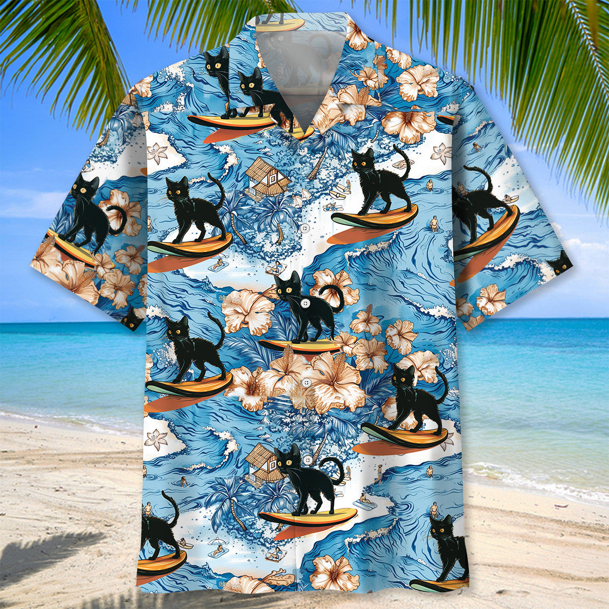 Black Cat Surfing Hawaiian Shirt