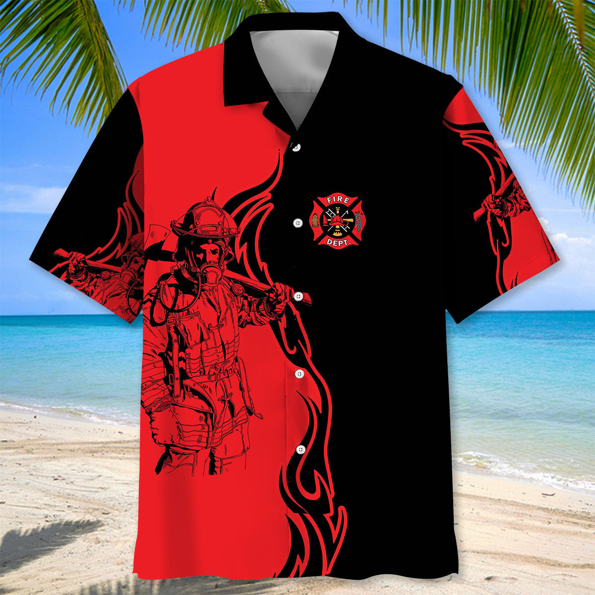 Black & Red Firefighter Hawaiian Shirt