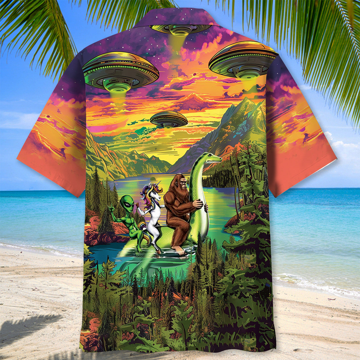 Bigfoot Alien Riding Nessie Hawaiian Shirt