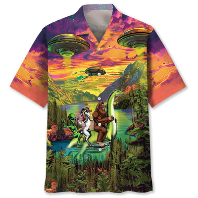 Bigfoot Alien Riding Nessie Hawaiian Shirt