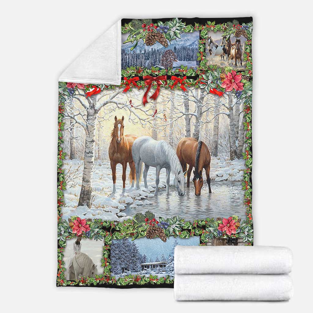 Horse Christmas Horse Near The River - Flannel Blanket - Owls Matrix LTD
