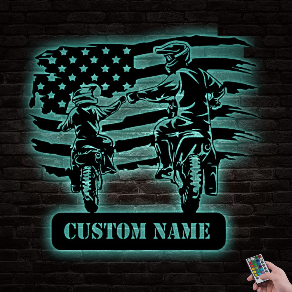 Motocross Riding Partner Dad And Son American Flag Personalized - Led Light Metal - Owls Matrix LTD