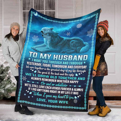 Wolf To My Husband Husband And Wife Blue - Flannel Blanket - Owls Matrix LTD