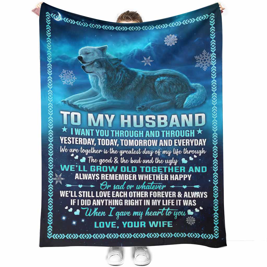 50" x 60" Wolf To My Husband Husband And Wife Blue - Flannel Blanket - Owls Matrix LTD