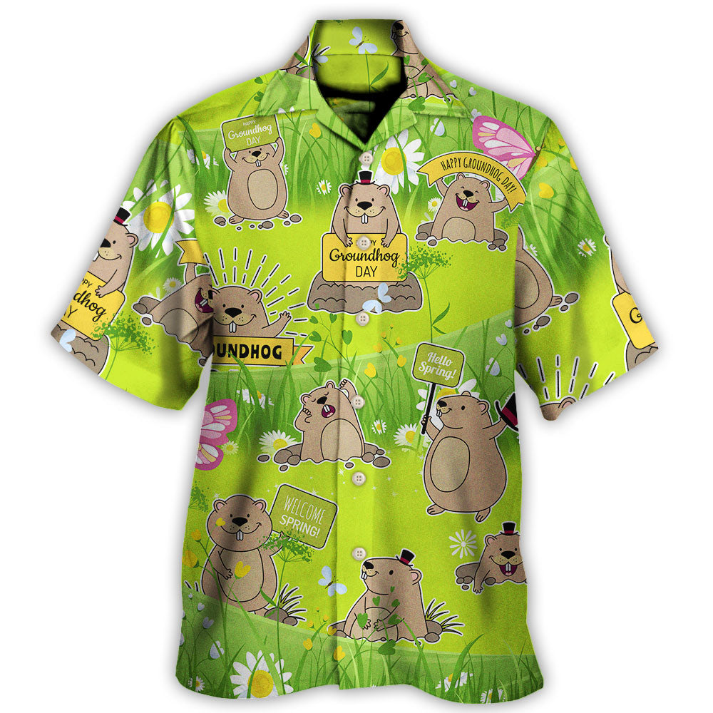 Groundhog Day Happy Spring With Flowers - Hawaiian Shirt - Owls Matrix LTD