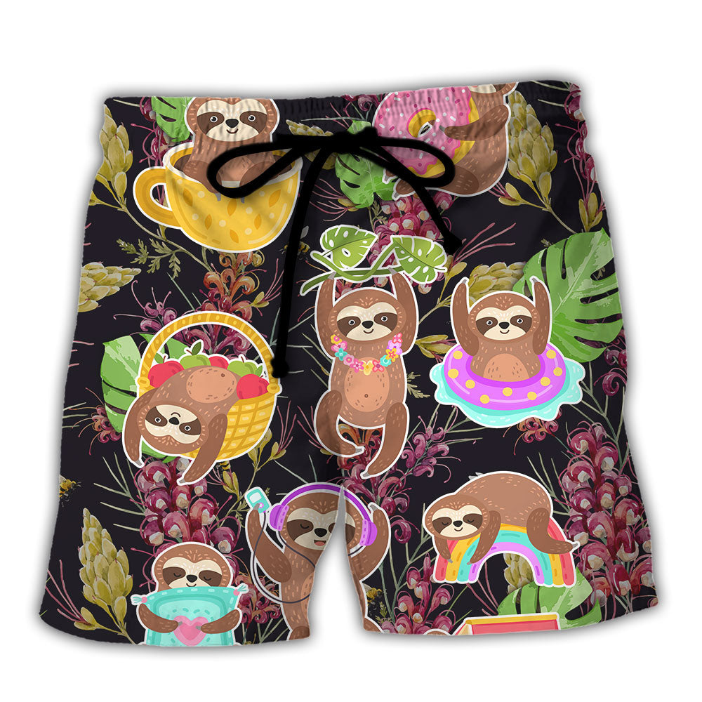 Sloth Cute Funny Tropical Vibe Funny Art - Beach Short - Owls Matrix LTD