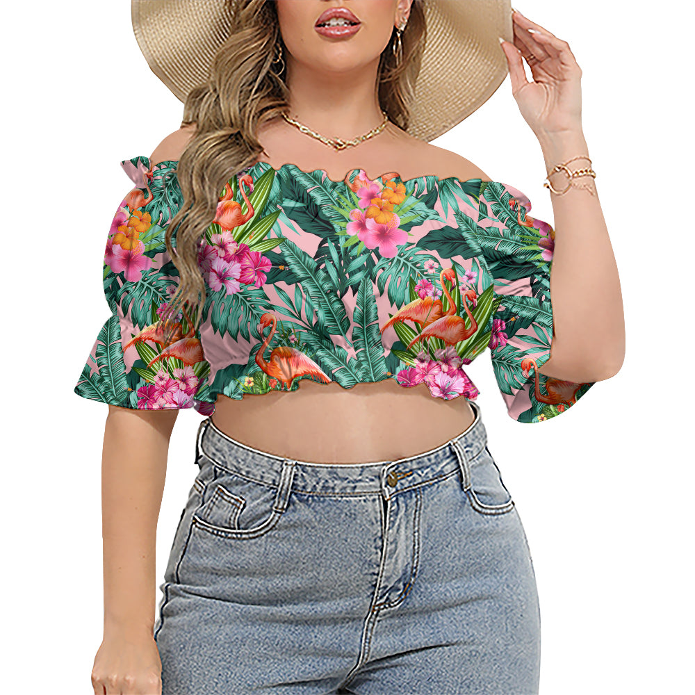 Flamingo Colorful Tropical Leaf Style - Cropped Top With Short Puff Sleeve