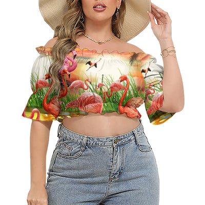 Flamingo Romantic Sunset With Flamingo - Cropped Top With Short Puff Sleeve