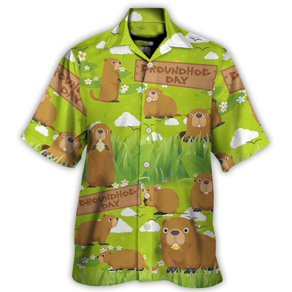 Groundhog Happy Day With Grass Flowers Garden - Hawaiian Shirt - Owls Matrix LTD
