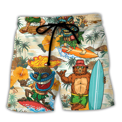 Surfing Funny Bear And Tiki Ride The Wave Follow The Sun Lovers Surfing - Beach Short