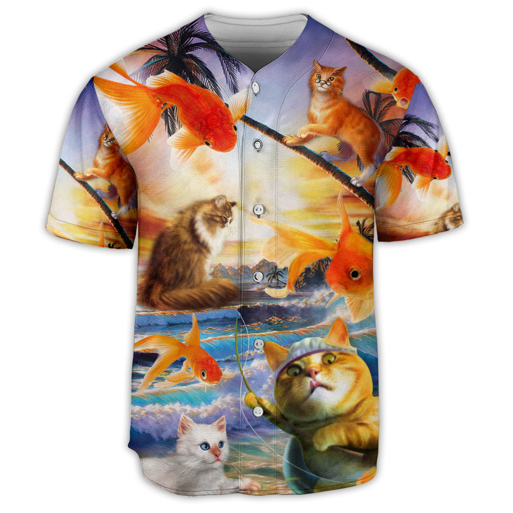 Fishing Fish And Cat On The Beach - Baseball Jersey - Owls Matrix LTD
