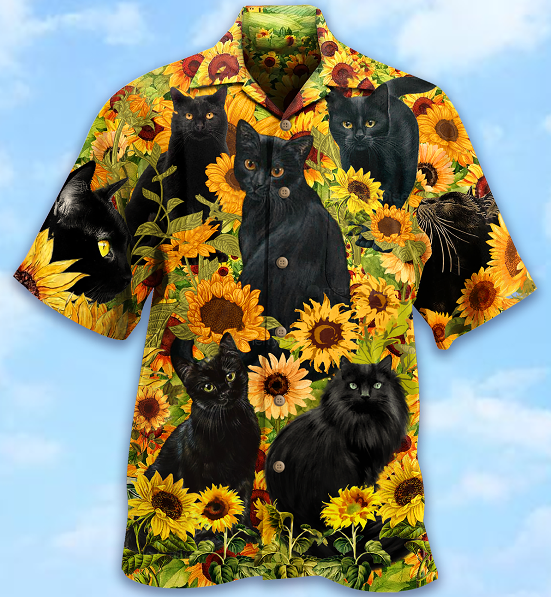 Black Cat Love Sunflower - Hawaiian Shirt - Owls Matrix LTD