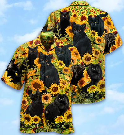Black Cat Love Sunflower - Hawaiian Shirt - Owls Matrix LTD