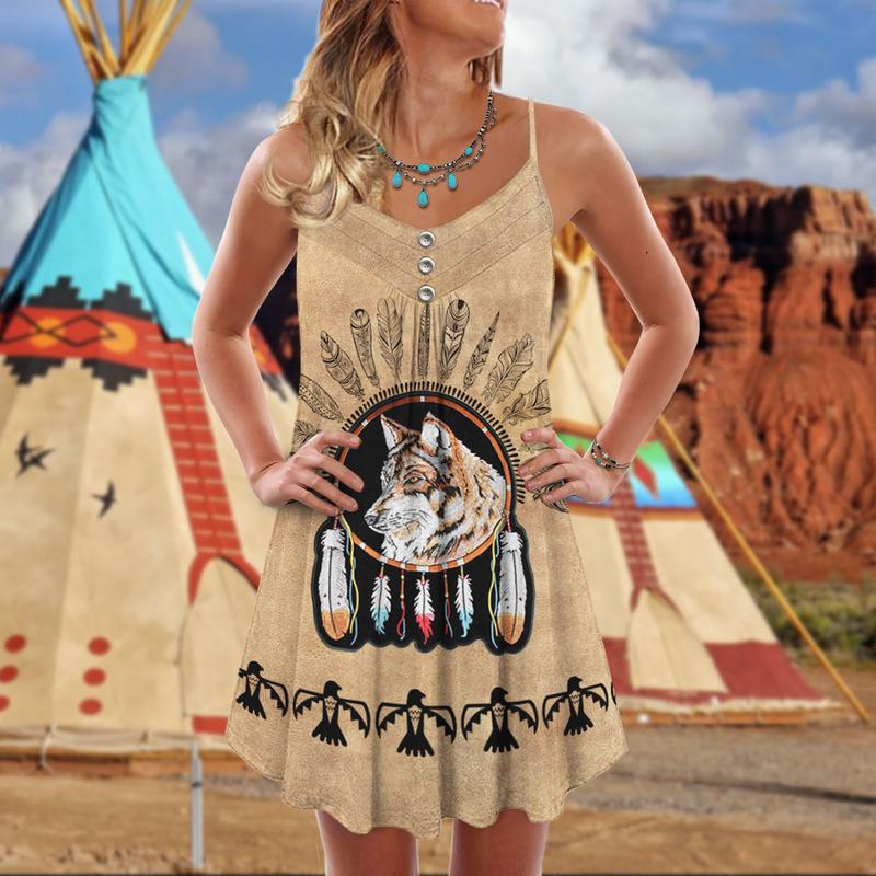 Native Wolf Peaceful Vibes Love Dreamcatcher - Summer Dress - Owls Matrix LTD
