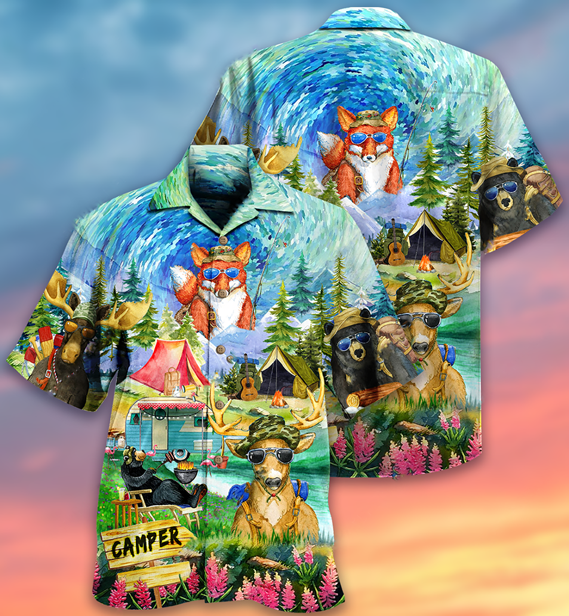 Camping Happy Animals - Hawaiian Shirt - Owls Matrix LTD