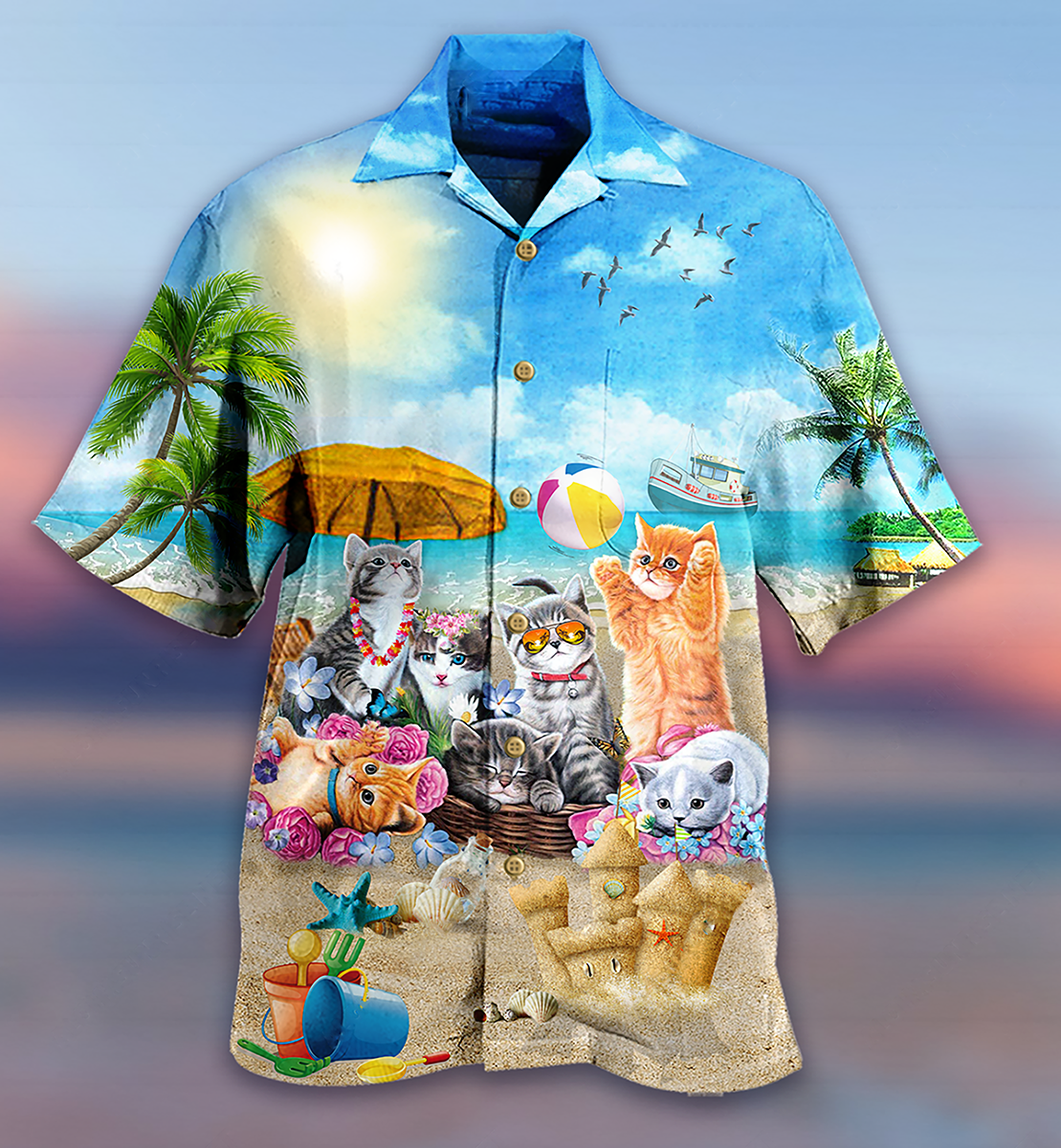 Cat Happy Love Beach Sunshine - Hawaiian Shirt - Owls Matrix LTD