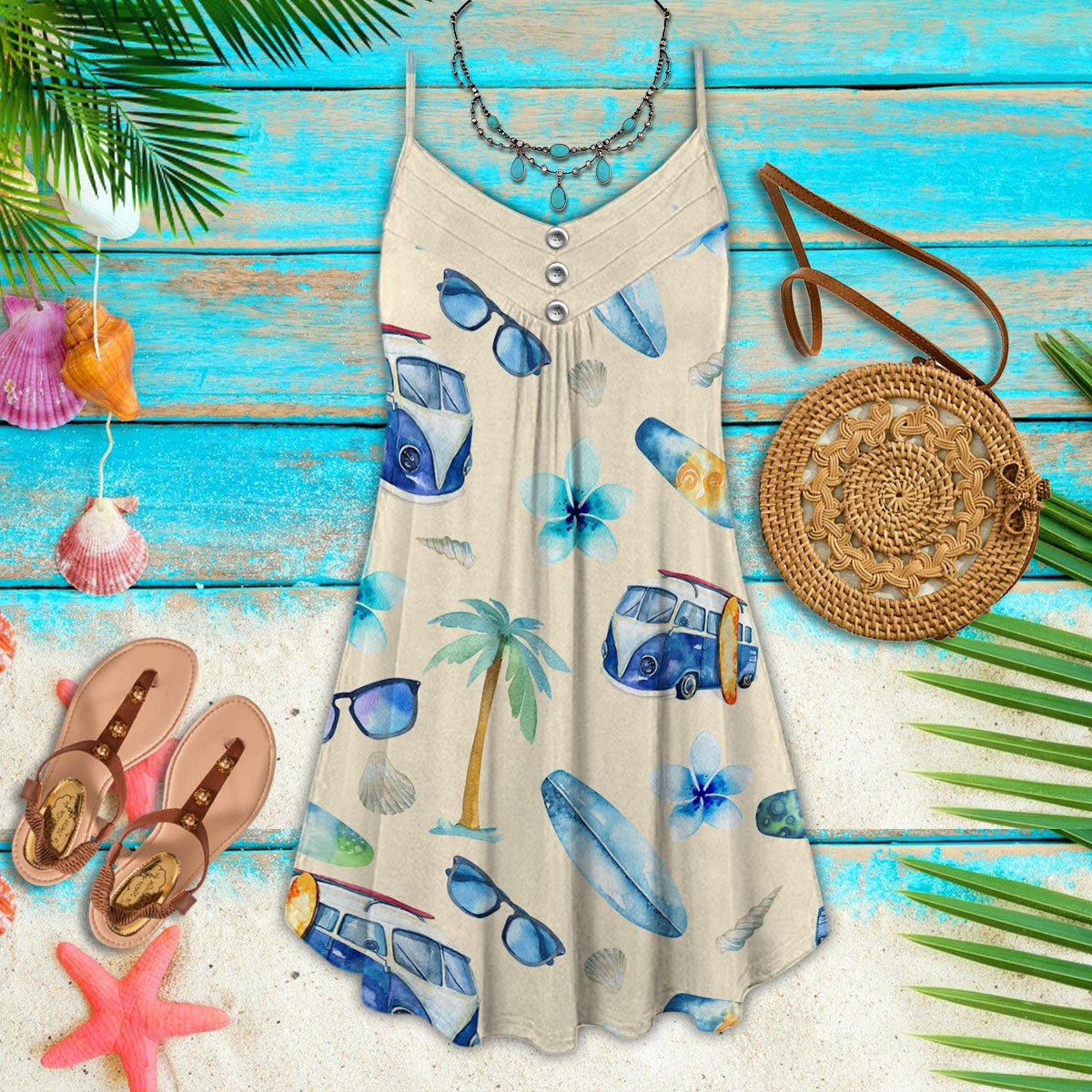 Beach Vibe With Palm And Sun Glass - Summer Dress - Owls Matrix LTD
