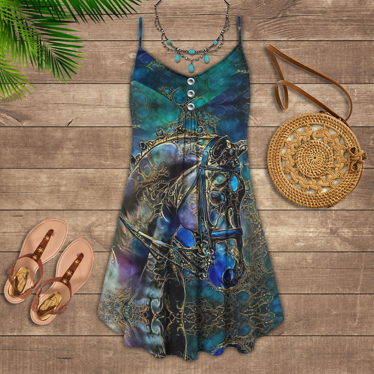 Horse Blue Pattern - Summer Dress - Owls Matrix LTD