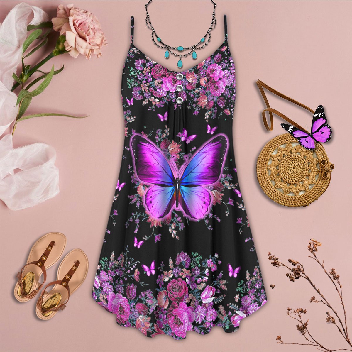 Butterfly Purple Love Flower - Summer Dress - Owls Matrix LTD