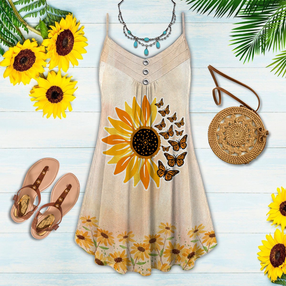 Butterfly And Sunflower Loves Summer - Summer Dress - Owls Matrix LTD