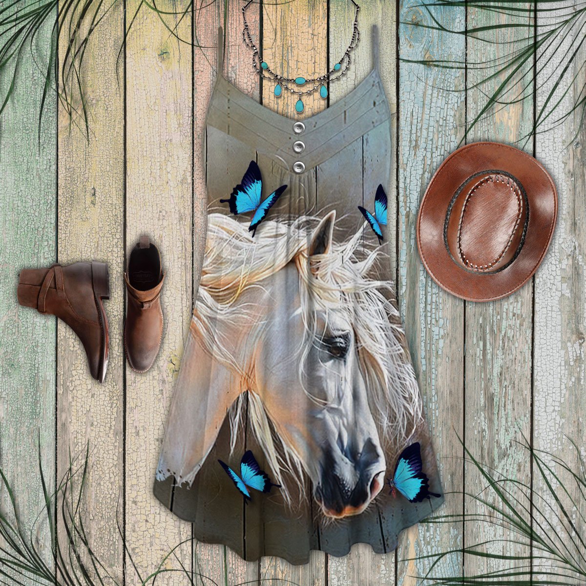 Horse And Blue Butterfly - Summer Dress - Owls Matrix LTD