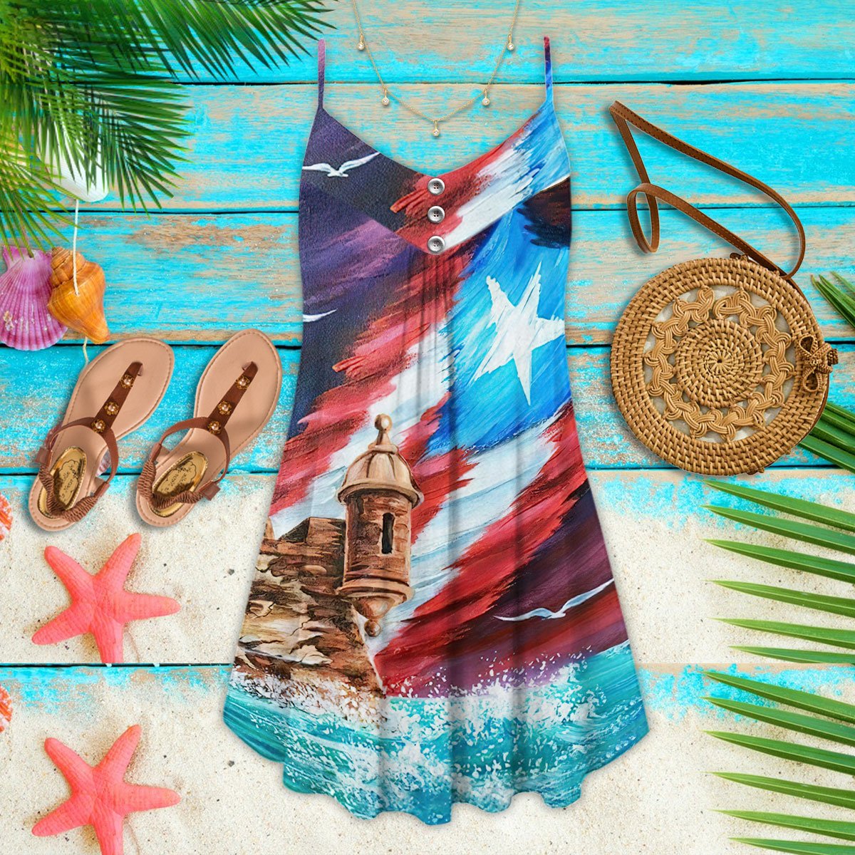 Beach Puerto Rico Flag - Summer Dress - Owls Matrix LTD