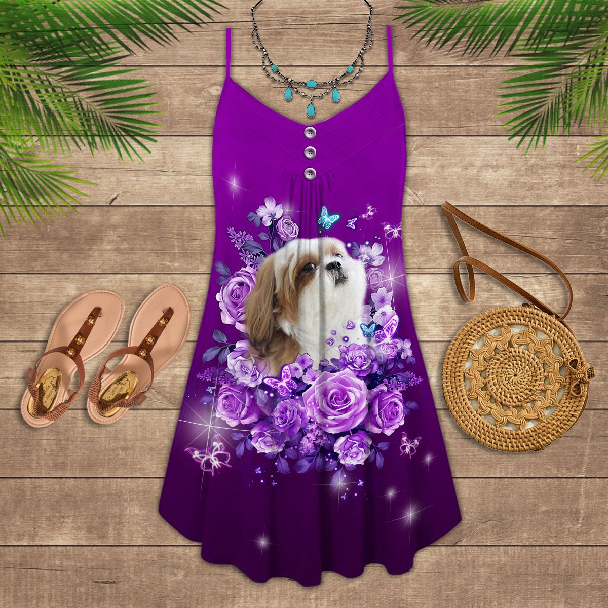 Dog And Purple Rose Butterfly Shih Tzu - Summer Dress - Owls Matrix LTD