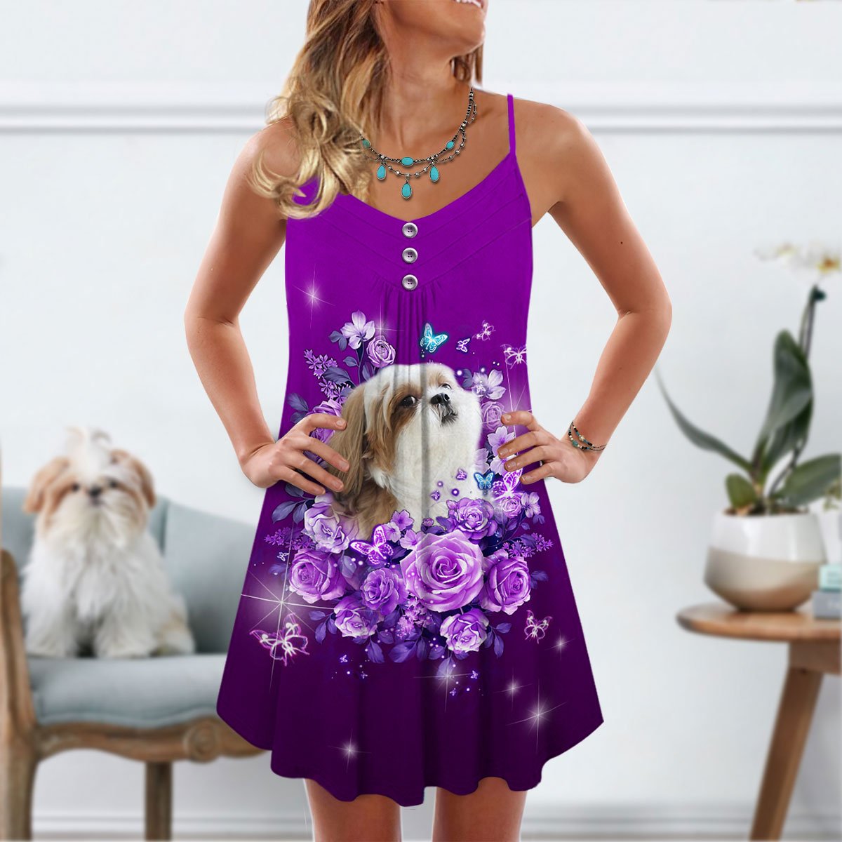 Dog And Purple Rose Butterfly Shih Tzu - Summer Dress - Owls Matrix LTD