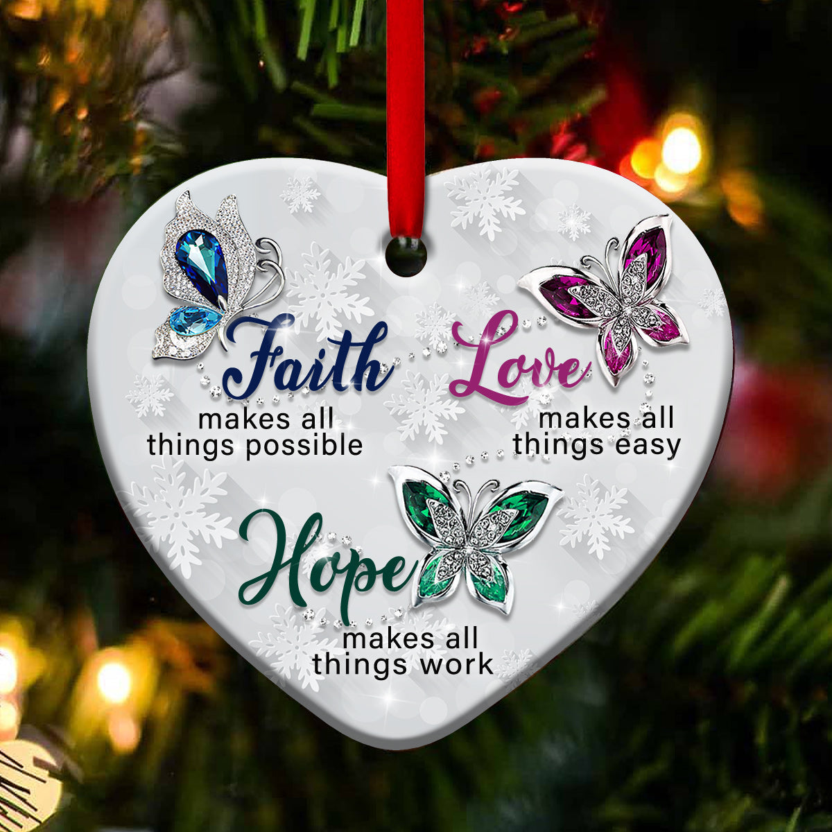 Butterfly Faith Love Hope - Heart Ornament - Owls Matrix LTD