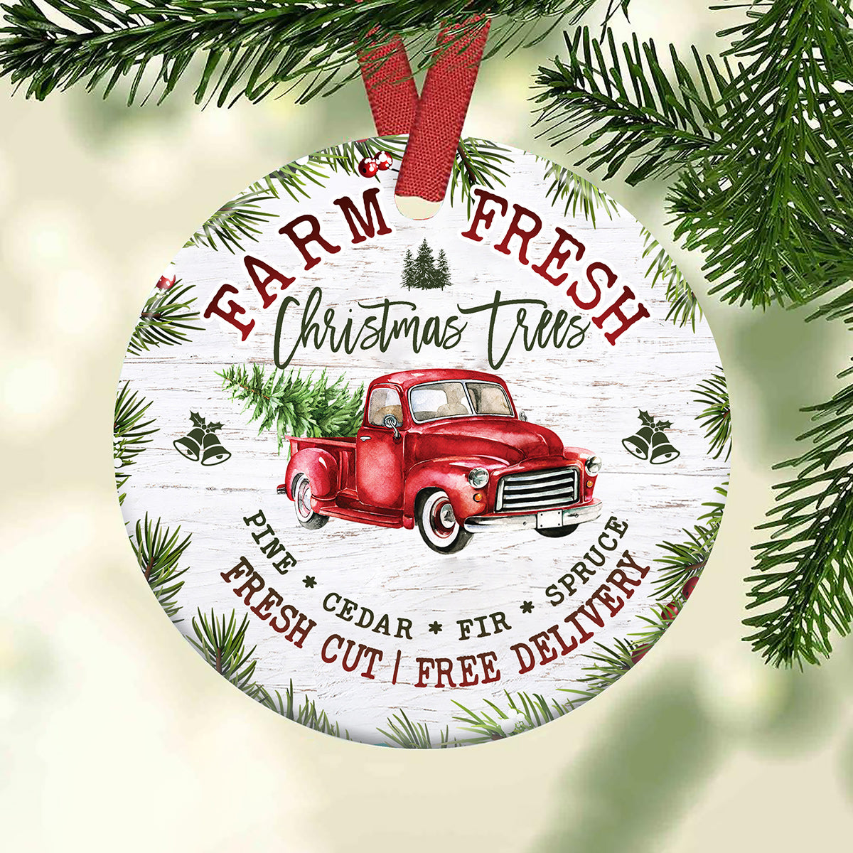 Red Truck Farm Fresh Christmas Trees - Circle Ornament - Owls Matrix LTD