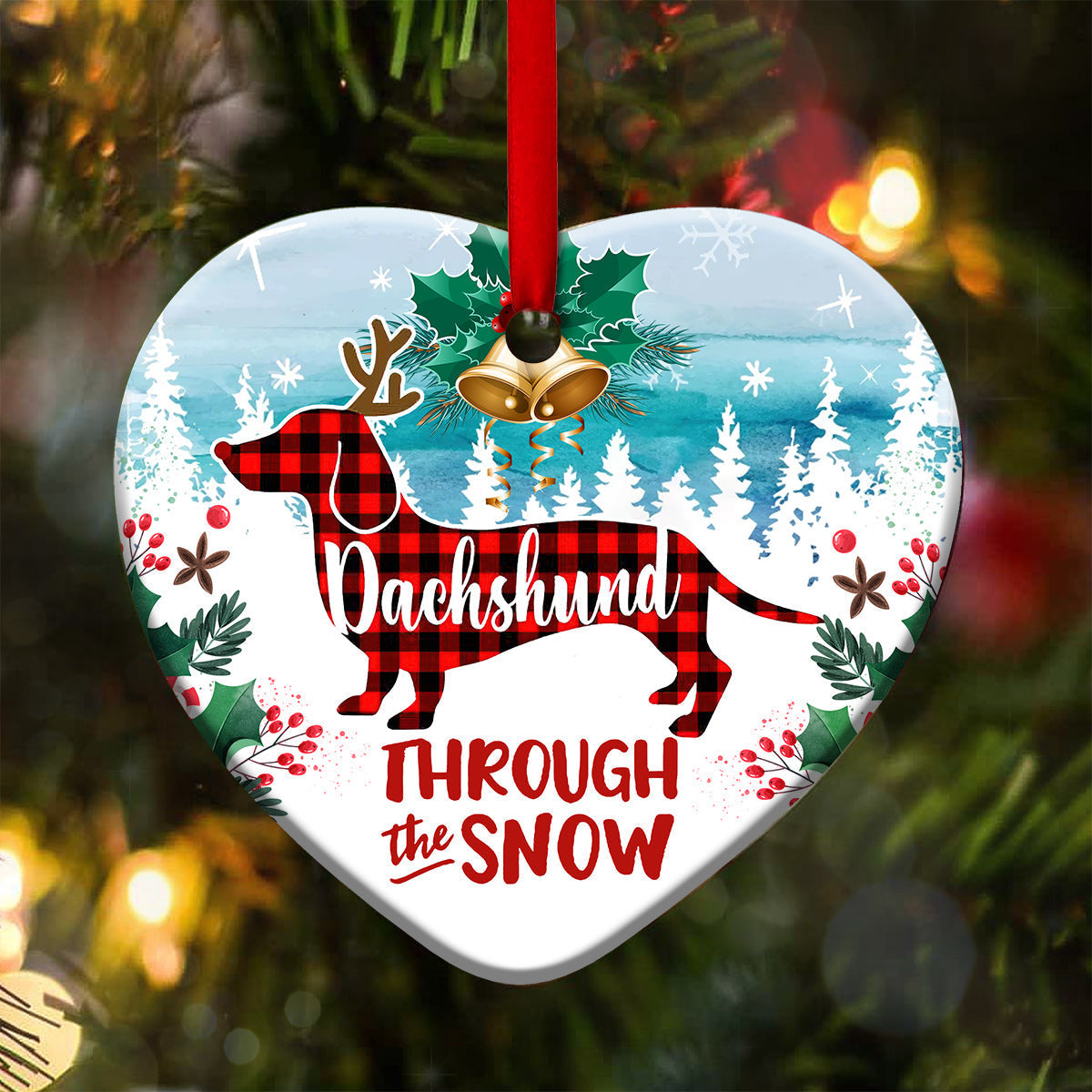 Pack 1 Dachshund Through The Snow Christmas - Heart Ornament - Owls Matrix LTD