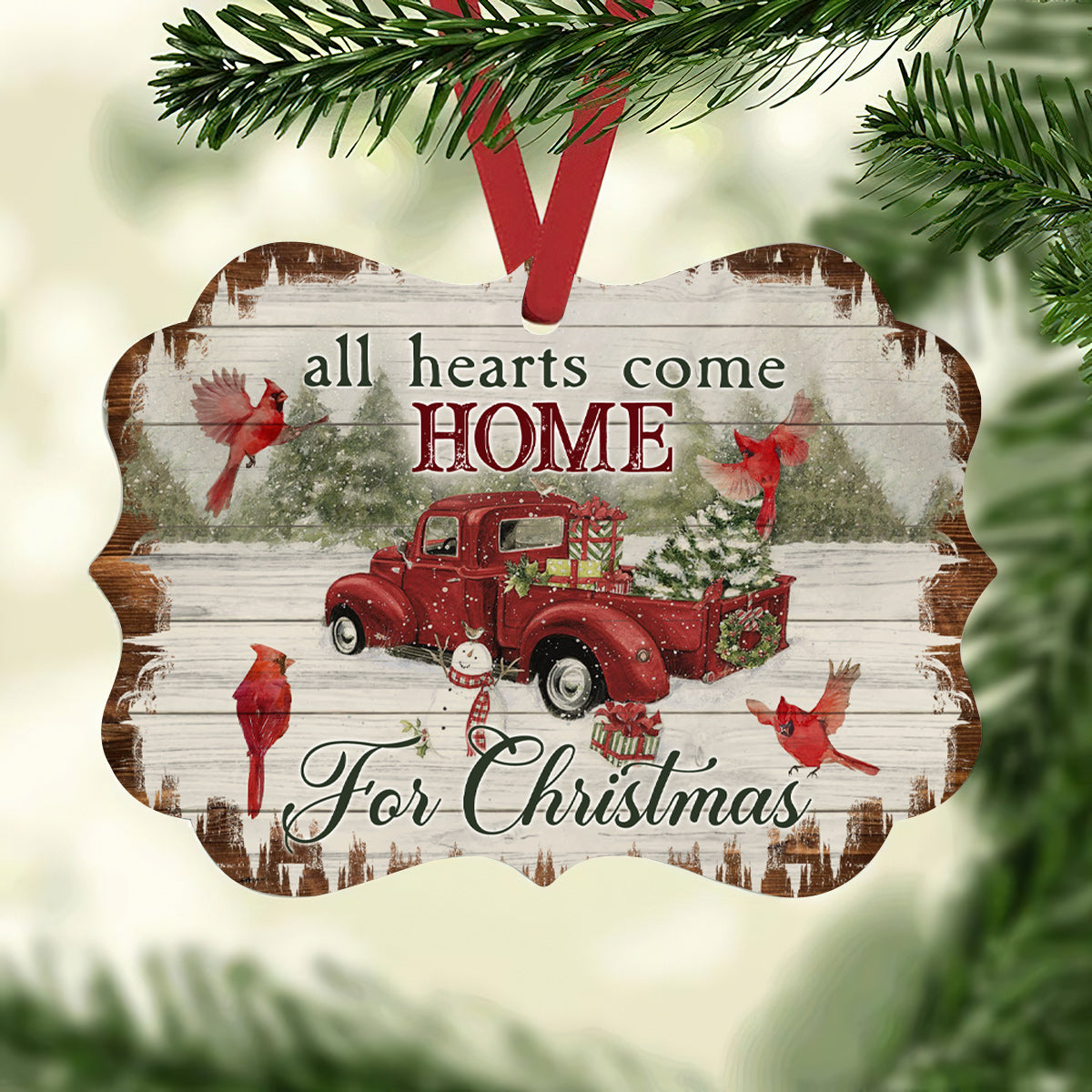 Cardinal Birds All Hearts Come Home For Christmas - Horizontal Ornament - Owls Matrix LTD