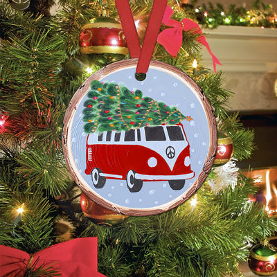 Hippie Van In Christmas - Circle Ornament - Owls Matrix LTD