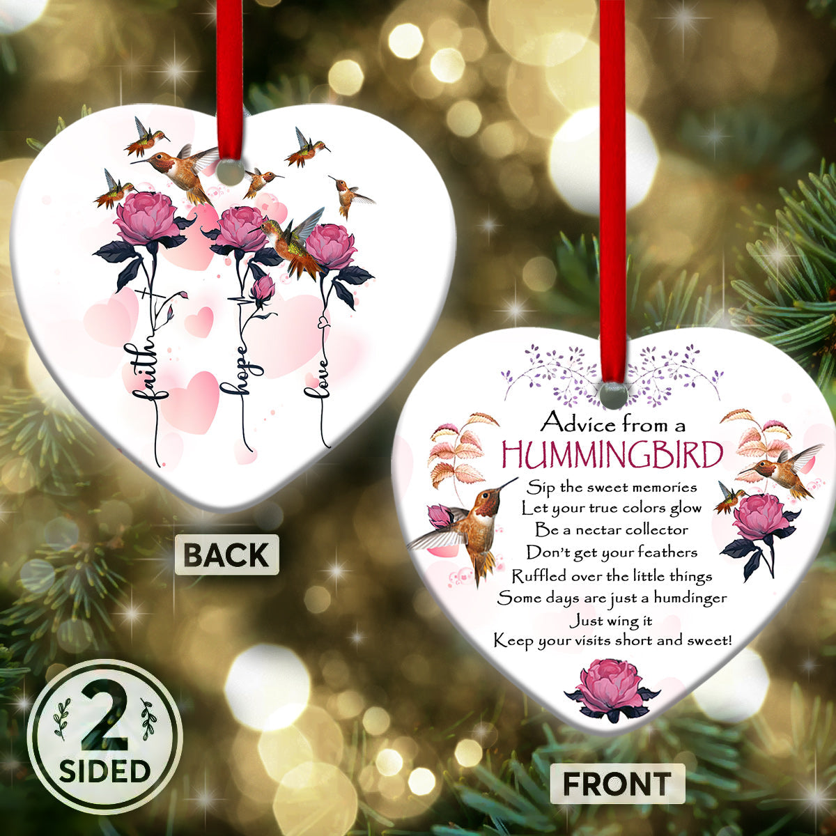 Hummingbird Advice Faith Hope Love - Heart Ornament - Owls Matrix LTD
