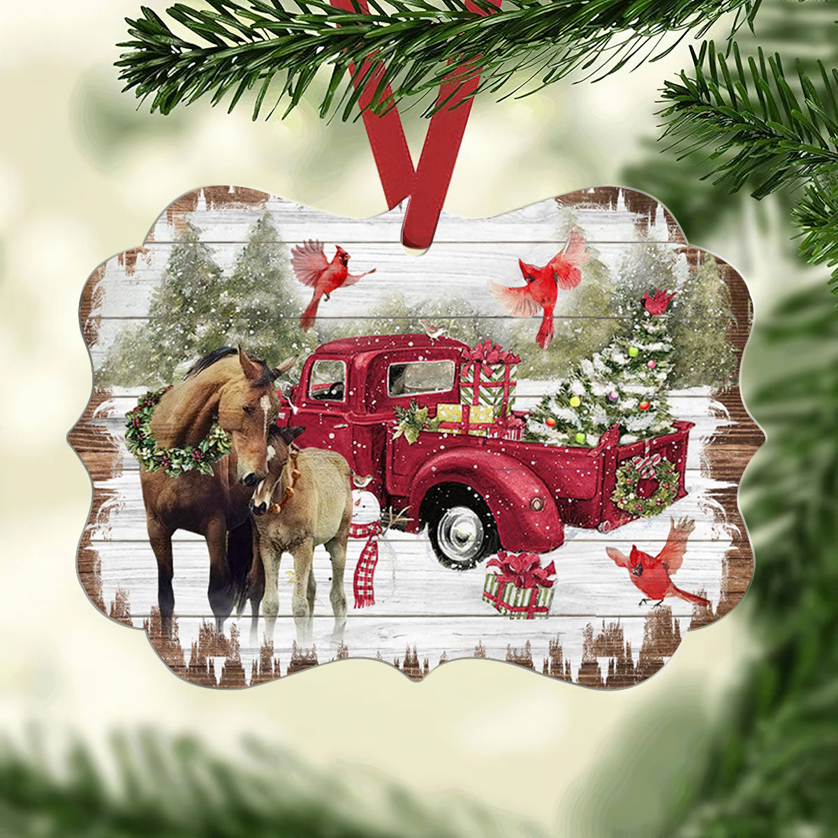 Horse Christmas Red Style- Horizontal Ornament - Owls Matrix LTD