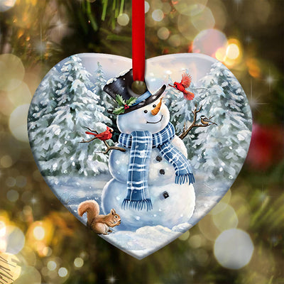 Snowman Play With Birds - Heart Ornament - Owls Matrix LTD