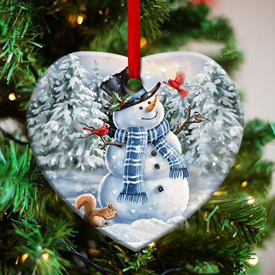 Snowman Play With Birds - Heart Ornament - Owls Matrix LTD