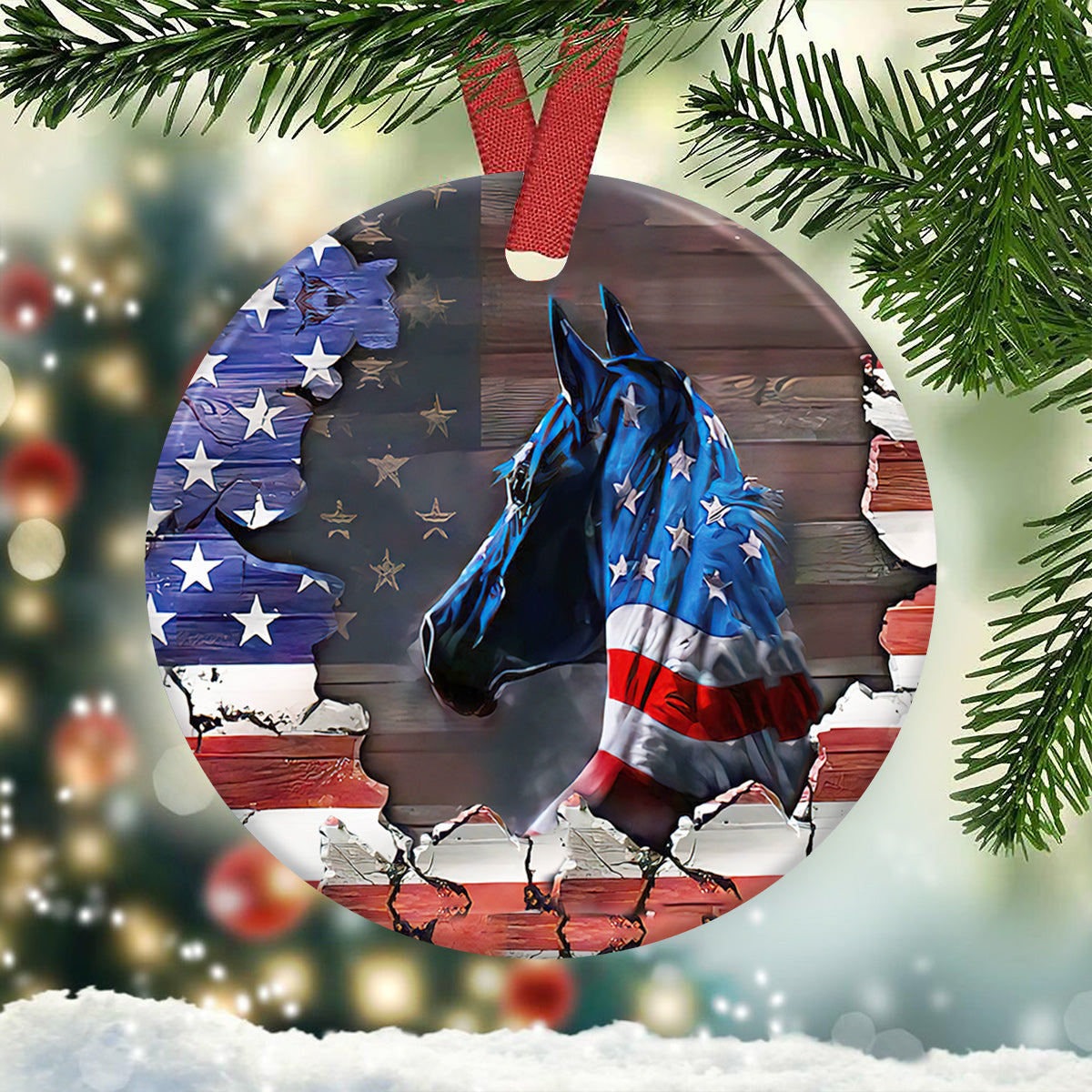 Horse American Flag Style - Circle Ornament - Owls Matrix LTD