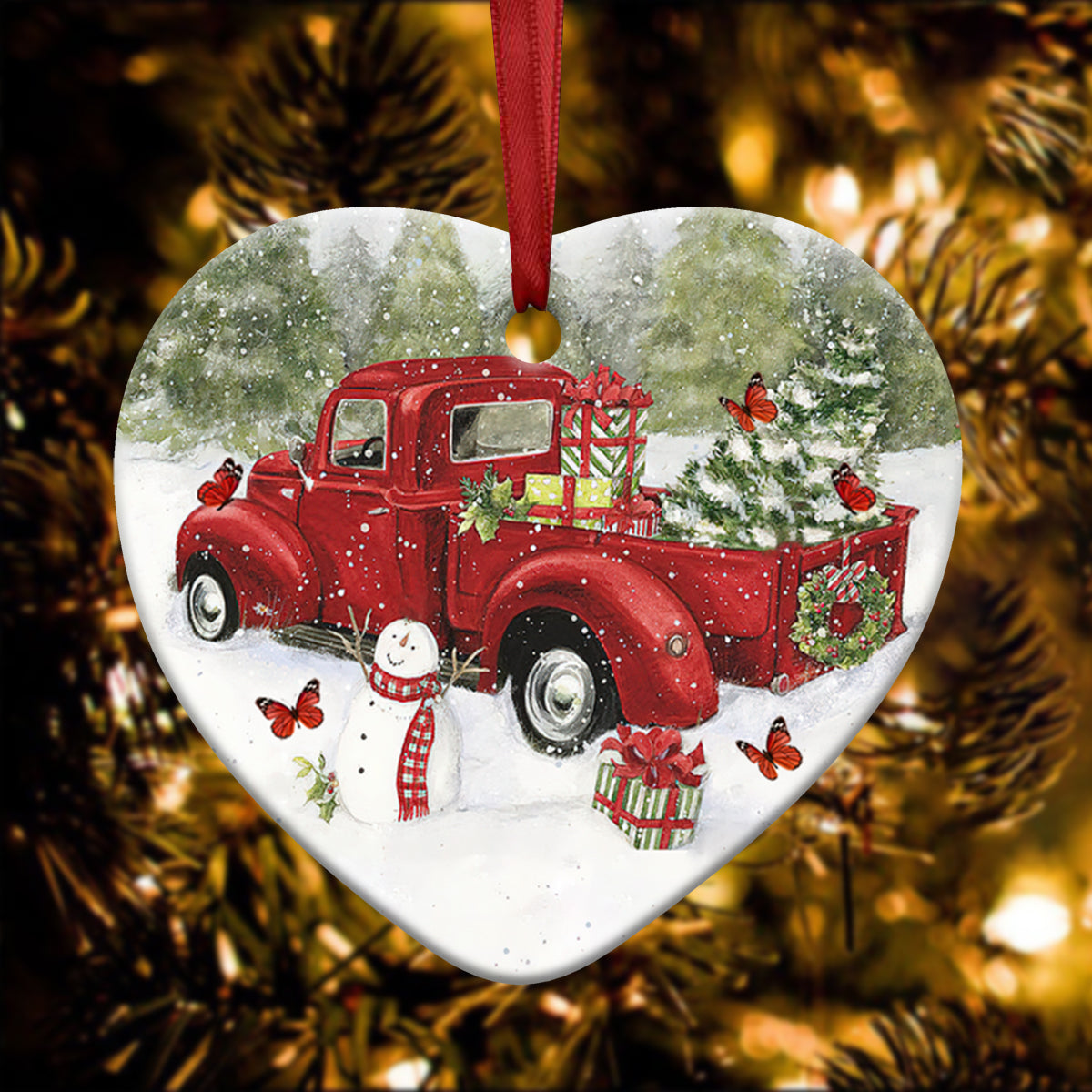 Red Truck Memory Butterfly Christmas - Heart Ornament - Owls Matrix LTD
