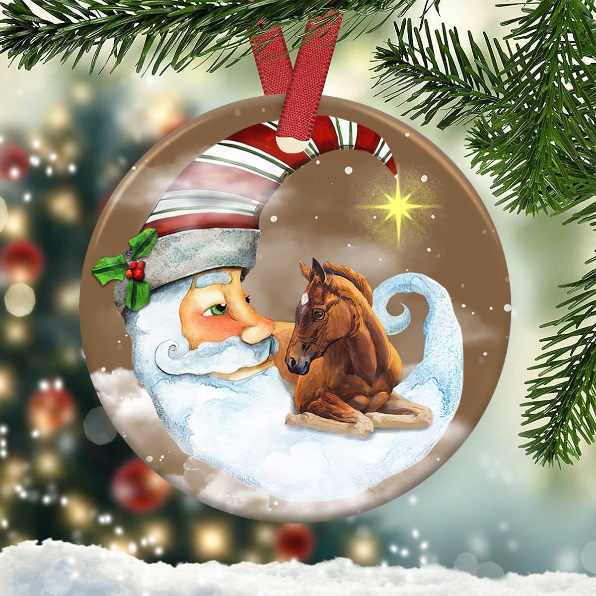 Horse Santa Moon Christmas Vibe - Circle Ornament - Owls Matrix LTD