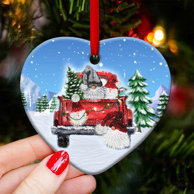 Gnome Red Truck Snow - Heart Ornament - Owls Matrix LTD
