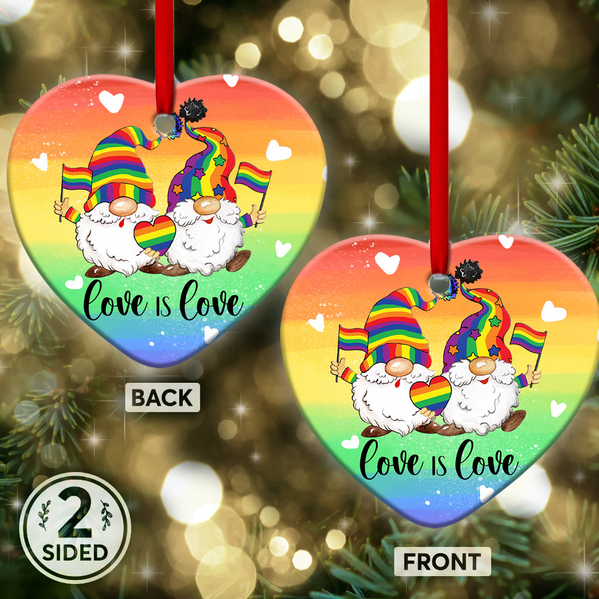 Gnome Couple LGBT Style - Heart Ornament - Owls Matrix LTD