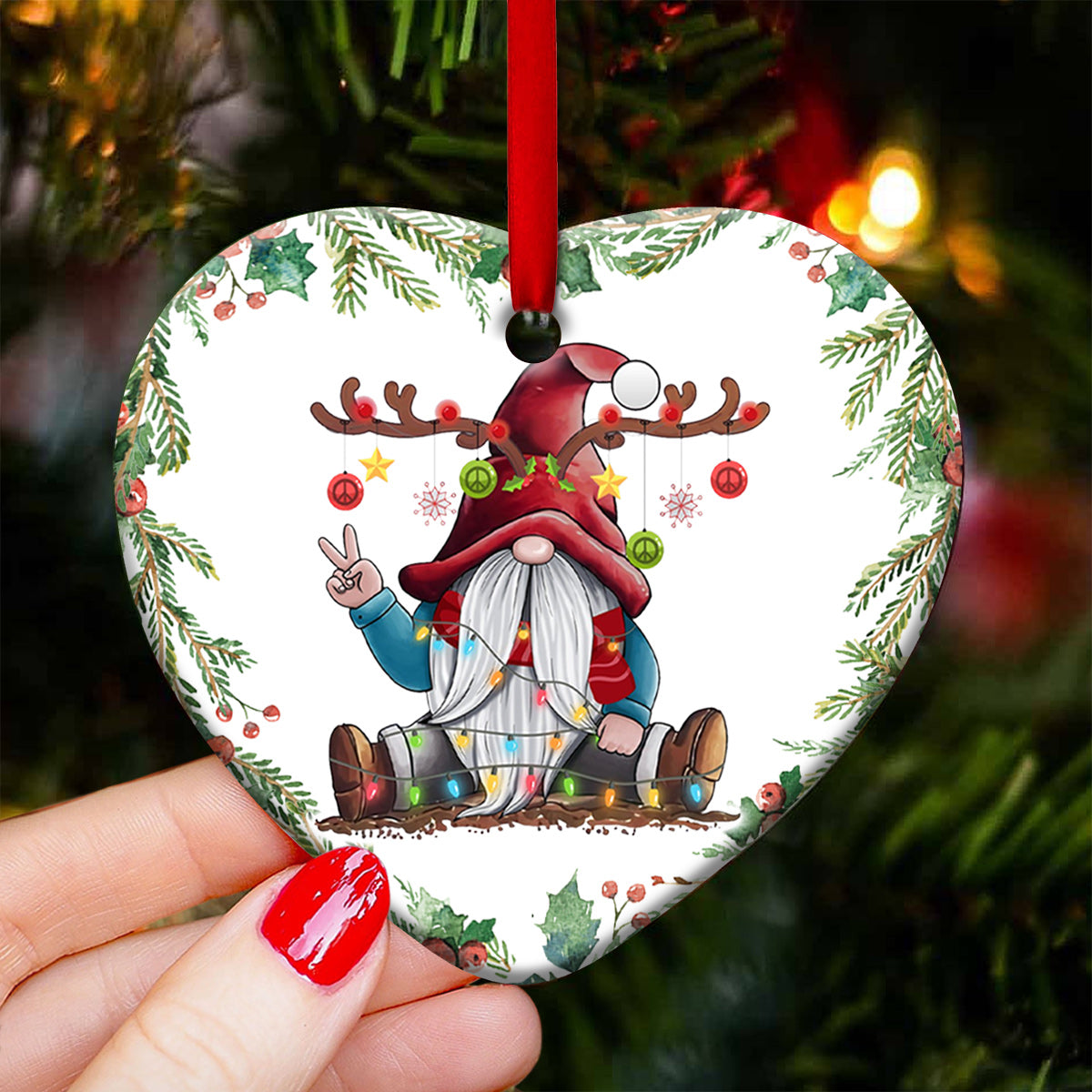 Gnome Christmas Lovely Life - Heart Ornament - Owls Matrix LTD