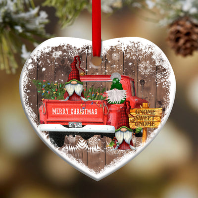 Gnome Red Truck Christmas - Heart Ornament - Owls Matrix LTD