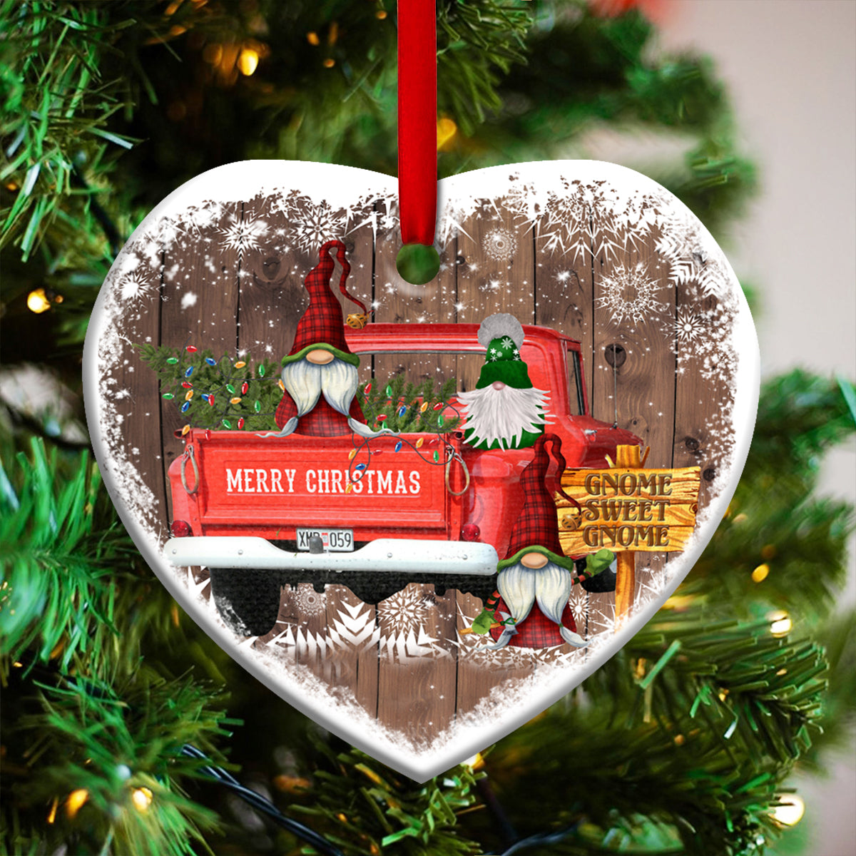 Gnome Red Truck Christmas - Heart Ornament - Owls Matrix LTD