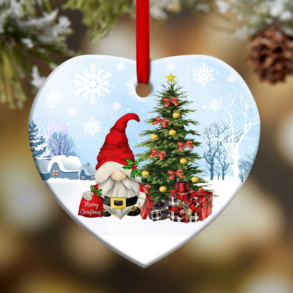 Gnome Santa Merry Christmas - Heart Ornament - Owls Matrix LTD