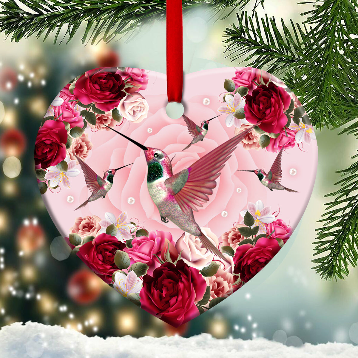 Hummingbird Pink Roses Style - Heart Ornament - Owls Matrix LTD